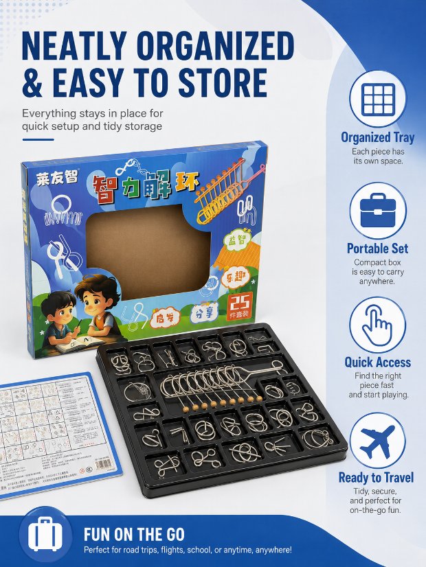 Nine Linked Rings (China Ring) 25-Piece Brain Teaser Metal Puzzle Set Gift Box