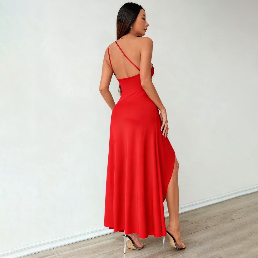 Evening Gowns 6567 One-Shoulder Ruched High-Slit Satin Gown