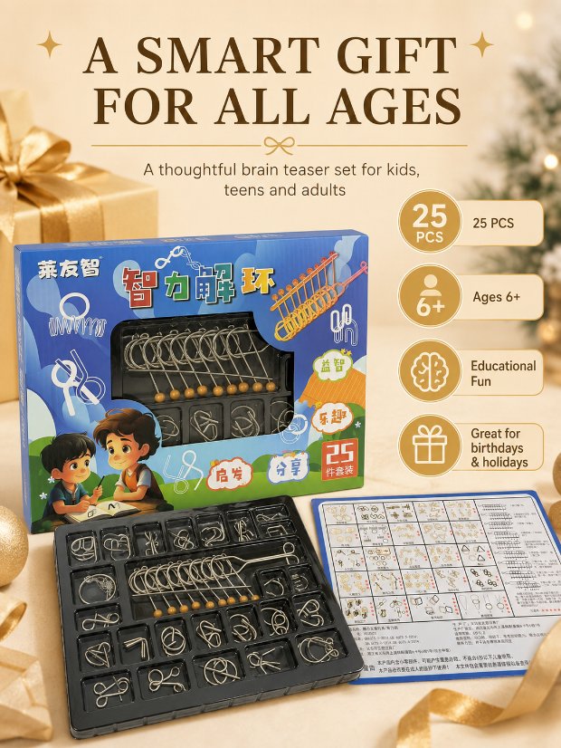 Nine Linked Rings (China Ring) 25-Piece Brain Teaser Metal Puzzle Set Gift Box
