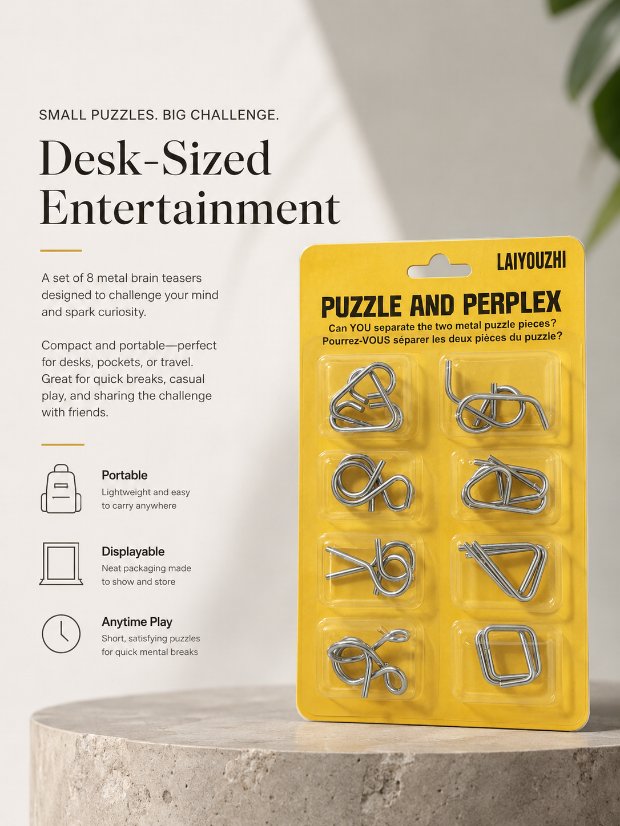 Puzzle Lock 8-Piece Yellow Suction Card Brain Teaser Metal Puzzles Set