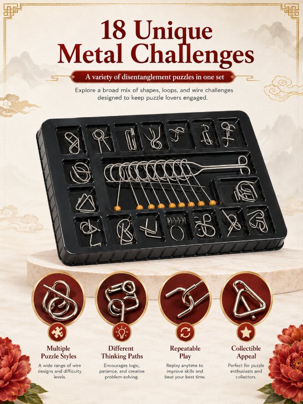 Nine Linked Rings (China Ring) 18-piece Gift Box Set of Chinese Ring Puzzle Brain Teasers