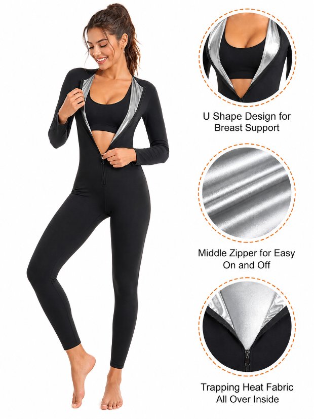 jumpsuit- 3 in 1 waist trimmer shaper Plus Size Sauna Suit Jumpsuit – Full Body Compression Long Sleeve Waist Trainer with Heat-Trapping Fabric for Gym & Running