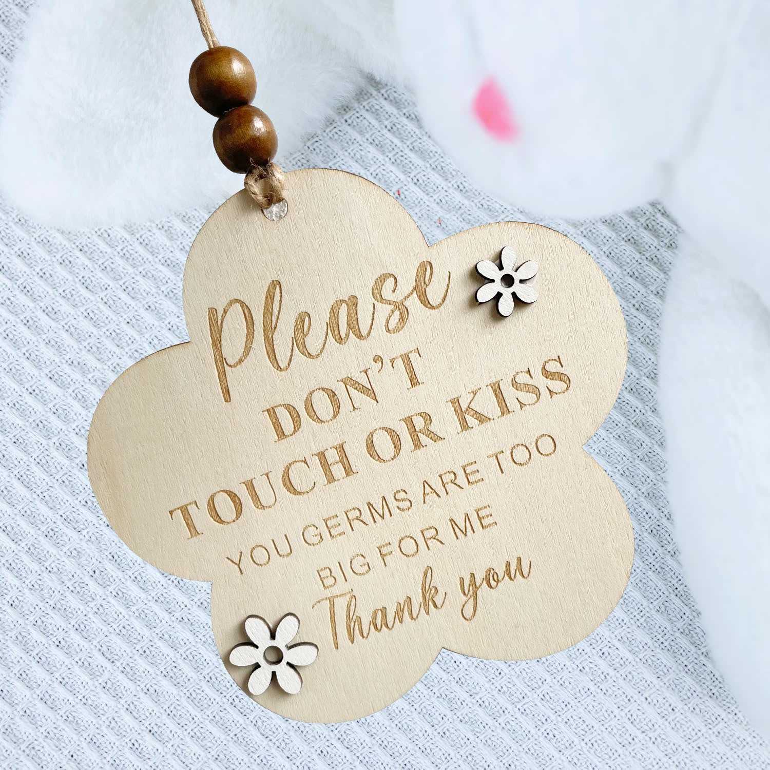 Infant Baptism Please Don't Touch Wooden Notice Round Sign White Flower Pendant