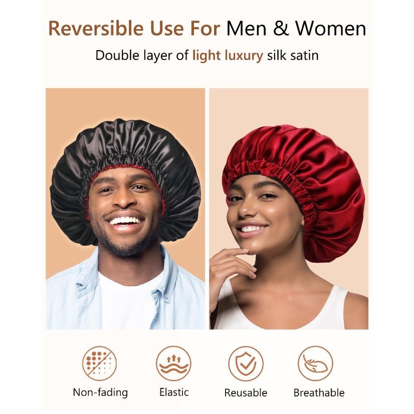 Bonnet Women's Double-Layered Reversible Satin Sleep Bonnet for Long Curly Hair - Hair Protecting Night Cap