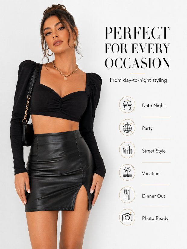 skirts Women's Faux Leather Skirt High Waist Tummy Control Bodycon Mini Short Skirt with Slit