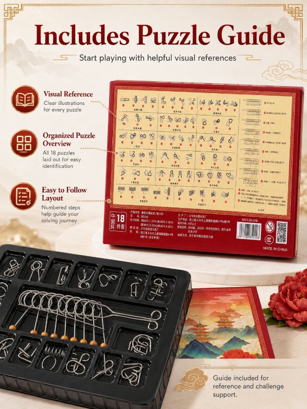 Nine Linked Rings (China Ring) 18-piece Gift Box Set of Chinese Ring Puzzle Brain Teasers