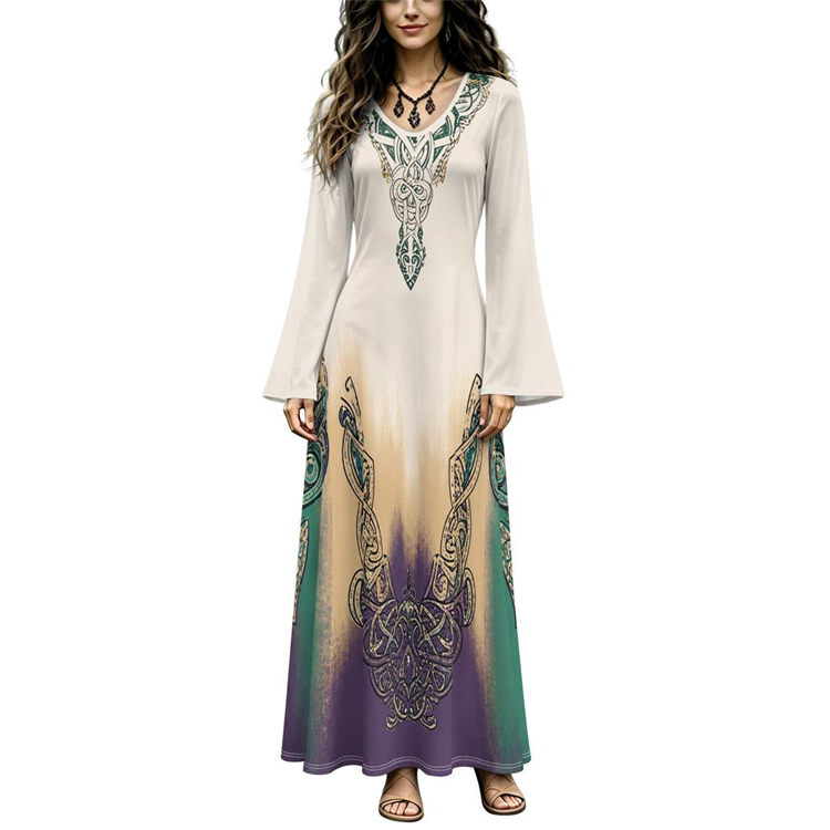 Women's Fashion – Dresses SKC59 – Women's V-Neck Waist-Cinched Bell-Sleeve Maxi Dress