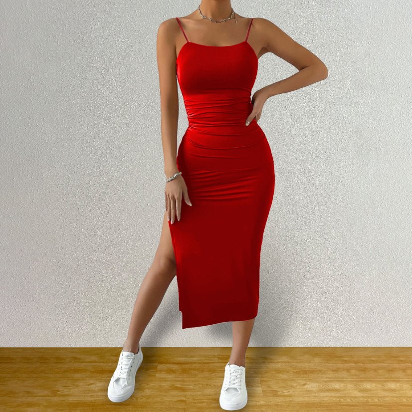 Dresses 689 Solid-Color High-Slit Camisole Maxi Dress