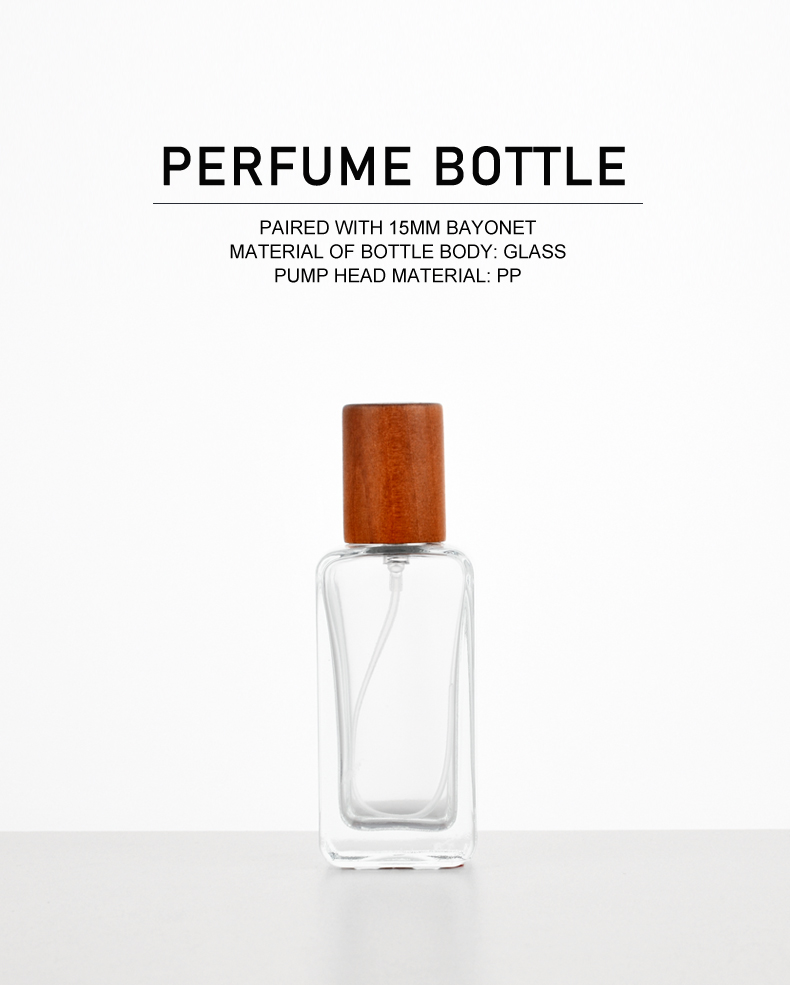 frasco de perfume 30ml Square Perfume Bottle with Wooden Cap – Spray Glass Bottle