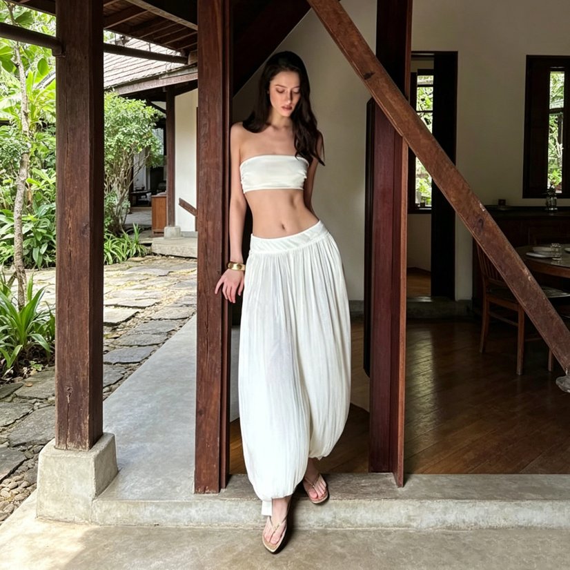 Two-Piece Sets 7132 Strapless Crop Top and Balloon-Leg Pants Set