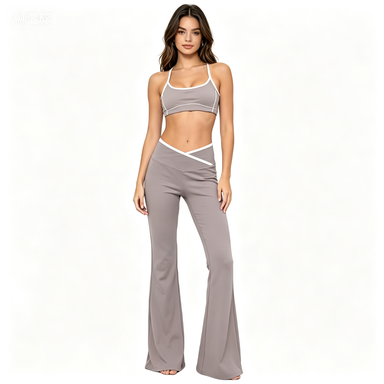 Yoga & Activewear Women's Contrast-Trim Sports Bra and Cross-Waist Flared Yoga Pants Set
