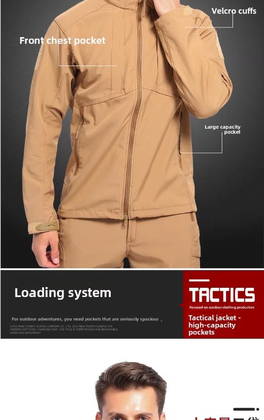 Hardshell Jacket Autumn/Winter Coated Sports Fleece Jacket – Relaxed Tactical Windproof Water-Resistant Warm Collar Outdoor Hiking Thickened Trekking Wear