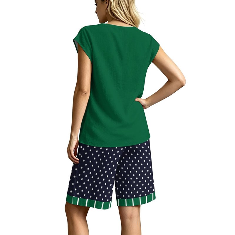 Women's Fashion – Matching Sets TLN73 – Women's V-Neck Short-Sleeve & Five-Inch Suit Shorts Set (With Pockets) 