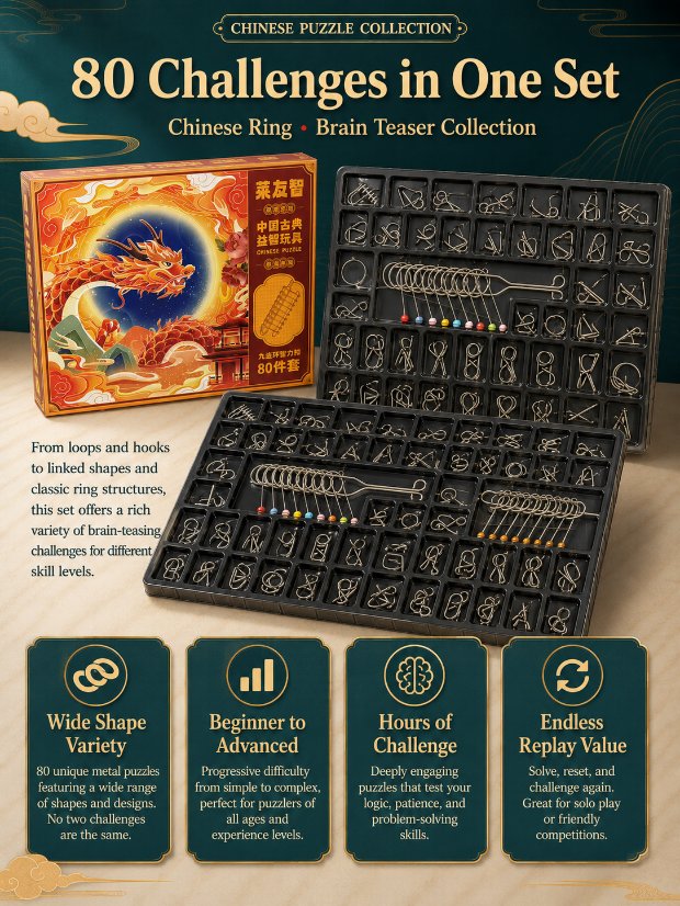Nine Linked Rings （China Ring） 80-Piece Gift Set of Nine Linked Rings Brain Teaser Puzzles