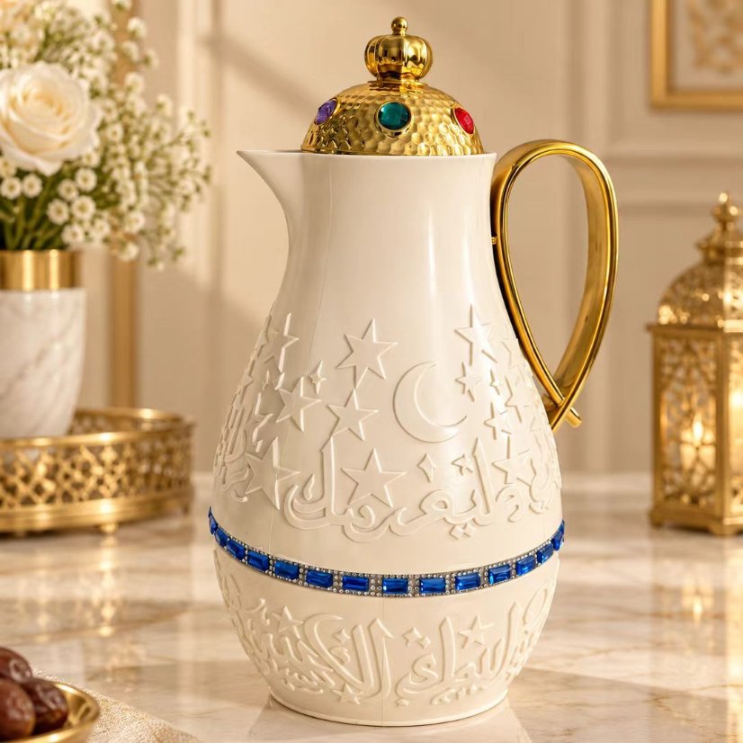 Kettle Arabian Vacuum Flask with Star & Crescent Emboss, Gold Handle Gem Lid