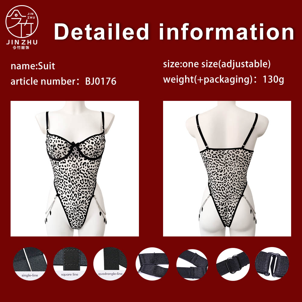 女士连体衣 Black & White Leopard Flocked Mesh Bodysuit – Bow & Chain Choker Lingerie