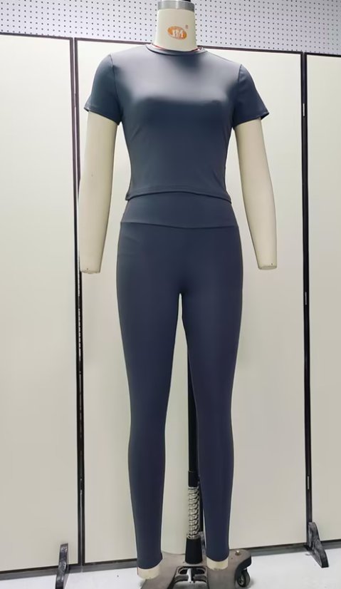 Yoga Set Cross-Border Women‘s Activewear Set | Short Sleeve Top & Full-Length Yoga Pants — Style 25347
