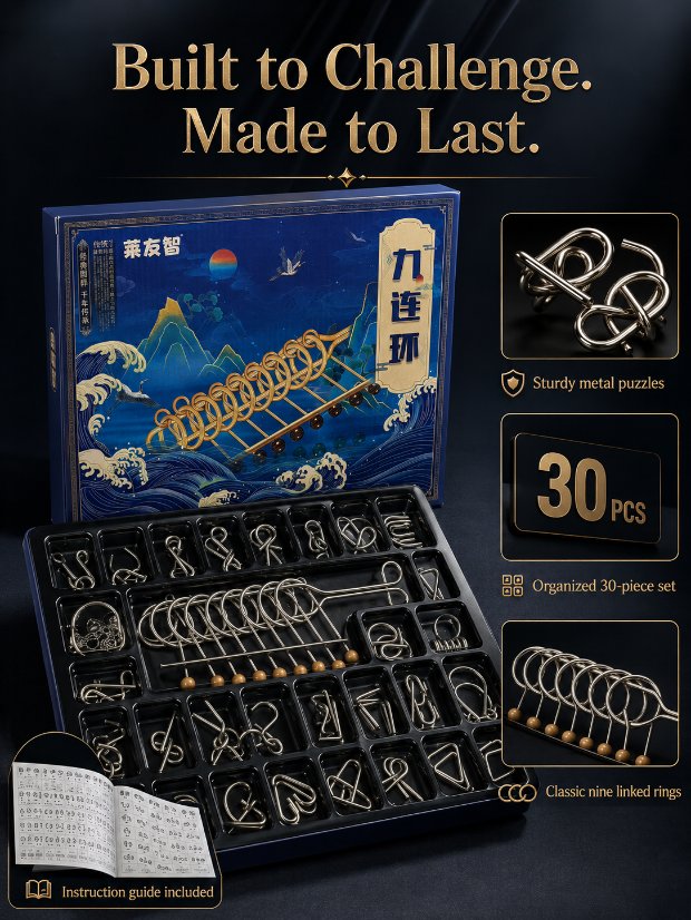 Nine Linked Rings (China Ring) 30-piece Gift Box of Chinese Ring Puzzle Brain Teaser Metal Disentanglement Puzzles