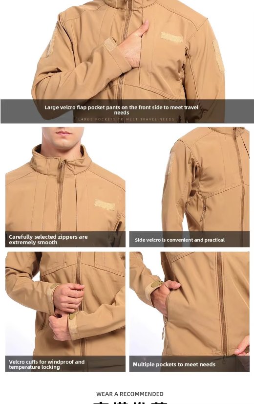 Hardshell Jacket Autumn/Winter Coated Sports Fleece Jacket – Relaxed Tactical Windproof Water-Resistant Warm Collar Outdoor Hiking Thickened Trekking Wear