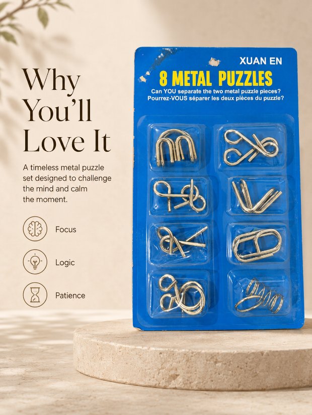 Puzzle Lock 8-Piece Extended Blue Brain Teaser Metal Puzzle Set with Blister Card Packaging