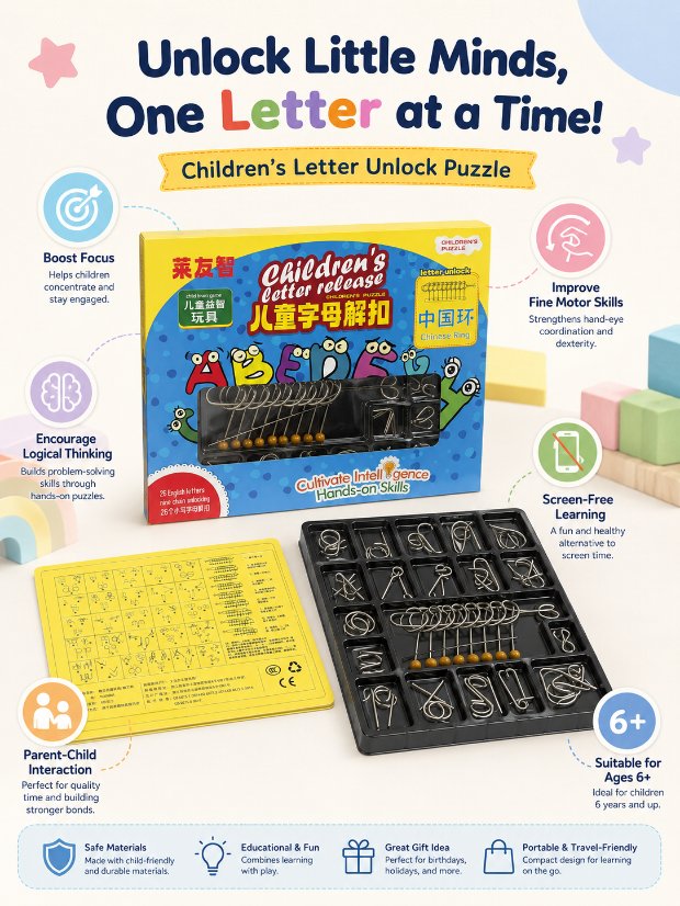 Nine Linked Rings (China Ring) 27-Piece Gift Box of Chinese Ring Puzzles & Letter Buckles