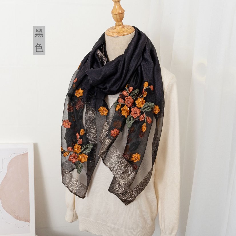 Embroidered Long Scarves Embroidered Begonia Flower Long Scarf and Shawl