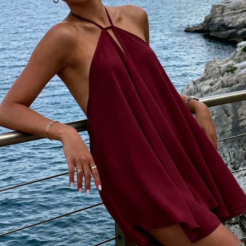 Dresses 7183 Cutout Halter Chiffon Mini Dress
