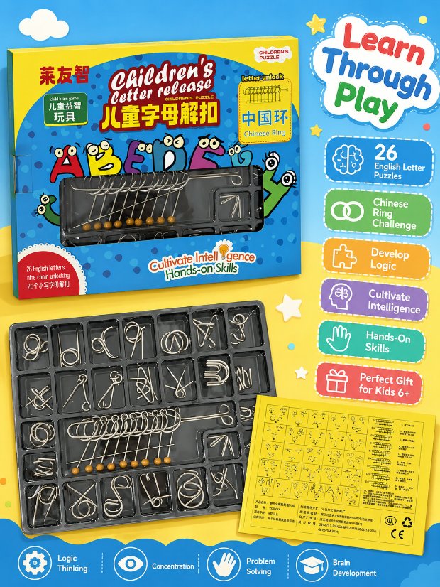Nine Linked Rings (China Ring) 27-Piece Gift Box of Chinese Ring Puzzles & Letter Buckles