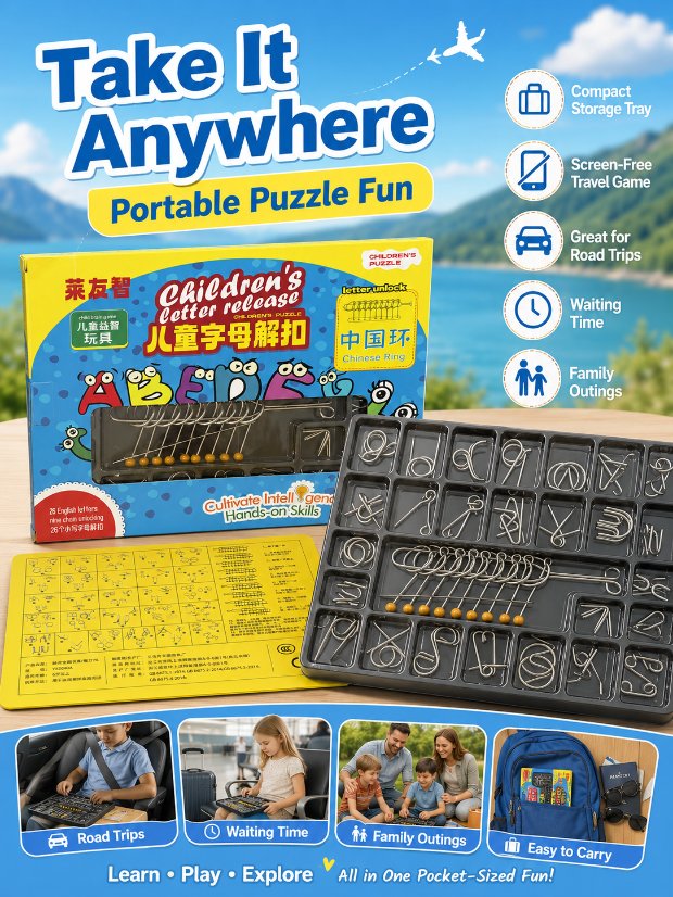 Nine Linked Rings (China Ring) 27-Piece Gift Box of Chinese Ring Puzzles & Letter Buckles