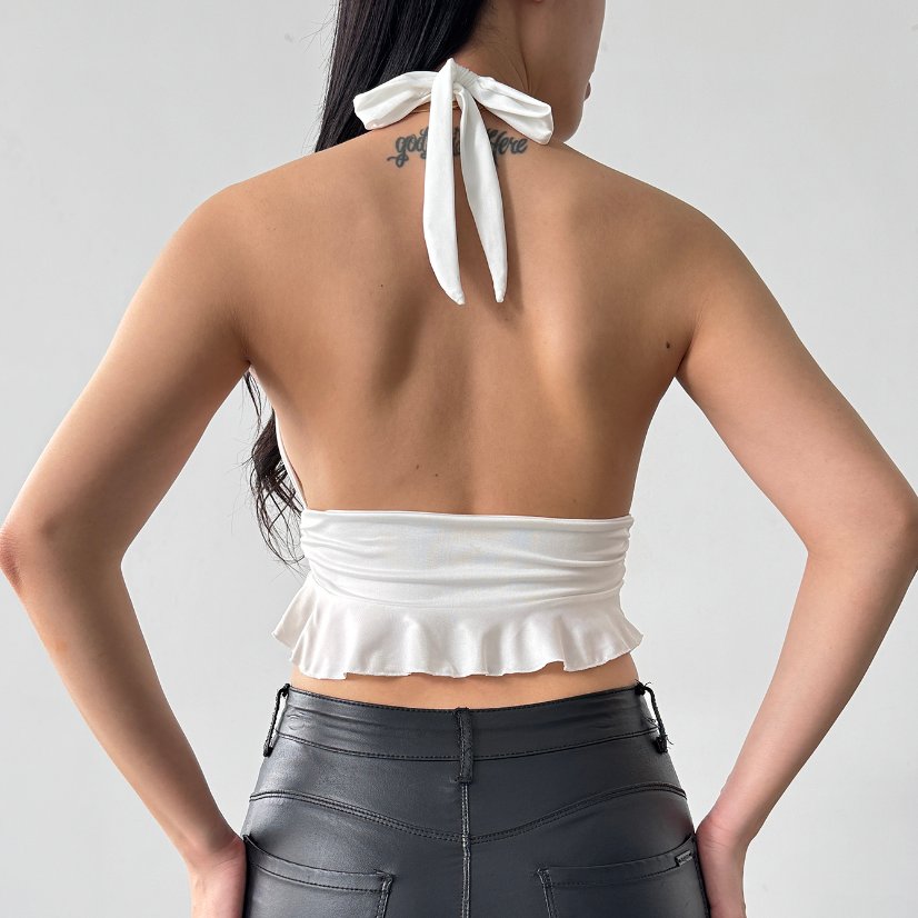 Tops 757 Deep-V Halter Ruffle Crop Top with Side Ties