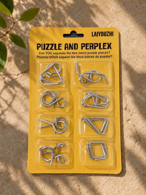 Puzzle Lock 8-Piece Yellow Suction Card Brain Teaser Metal Puzzles Set
