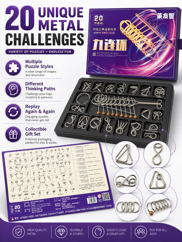 Nine Linked Rings (China Ring) 20-piece Gift Set of Chinese Ring Puzzle Brain Teasers