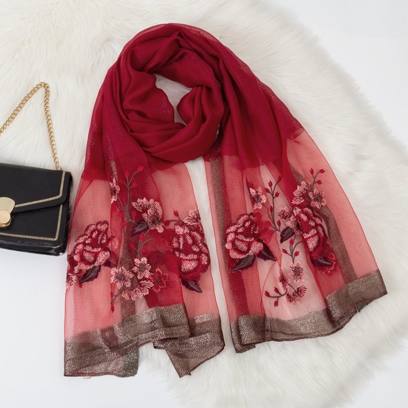 Embroidered Long Scarves Embroidered Faux Silk Peony Long Scarf and Shawl