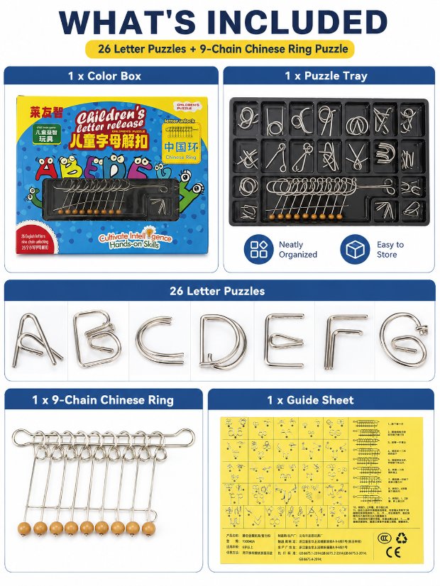 Nine Linked Rings (China Ring) 27-Piece Gift Box of Chinese Ring Puzzles & Letter Buckles