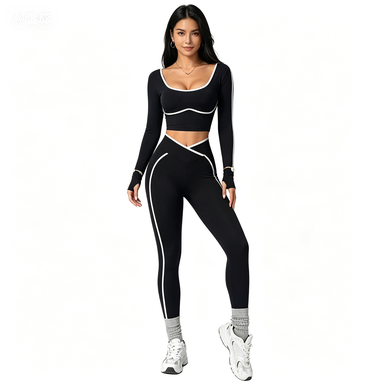 Yoga & Activewear Women's Contrast-Trim U-Neck Long-Sleeve Yoga Set