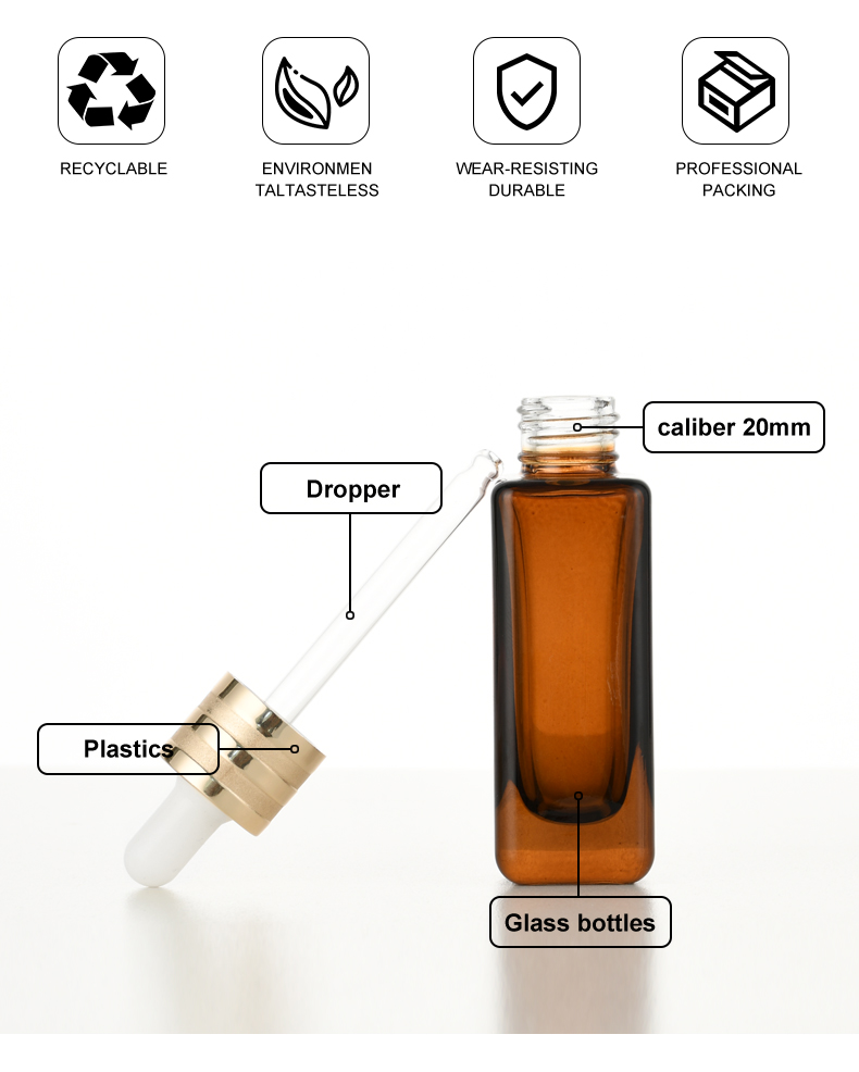 frasco cuentagotas 30ml Square Essential Oil Bottle for Serums