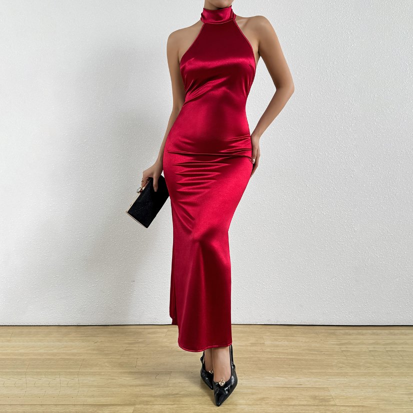 Evening Gowns 6716 Burgundy Satin Halter Mermaid Gown