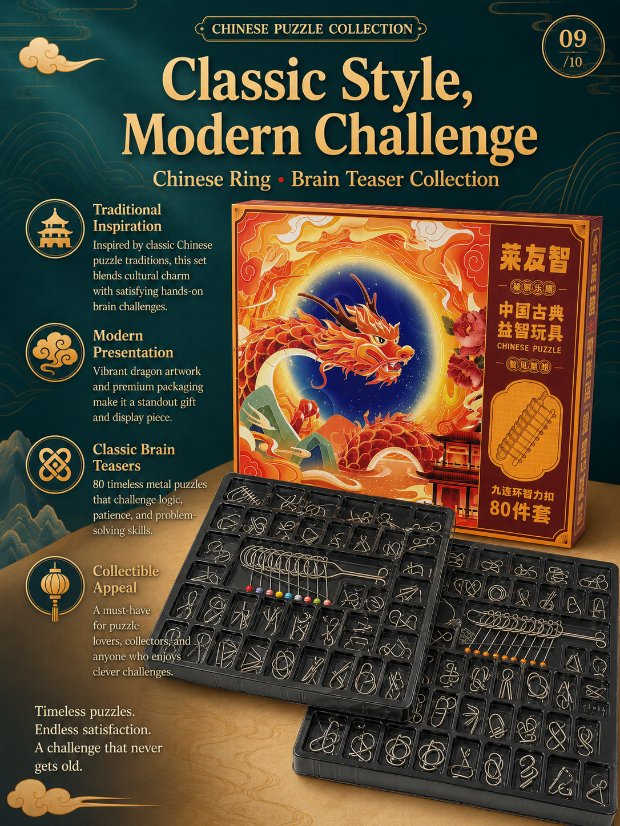 Nine Linked Rings （China Ring） 80-Piece Gift Set of Nine Linked Rings Brain Teaser Puzzles