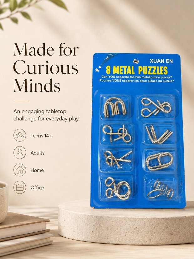 Puzzle Lock 8-Piece Extended Blue Brain Teaser Metal Puzzle Set with Blister Card Packaging