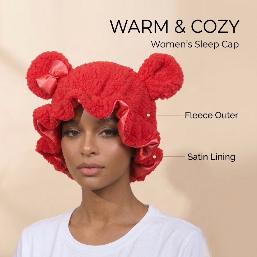 Bonnet Cute Bear Double-Layer Fleece Sleep Bonnet – Satin-Lined Winter Hair Care Sleep Cap