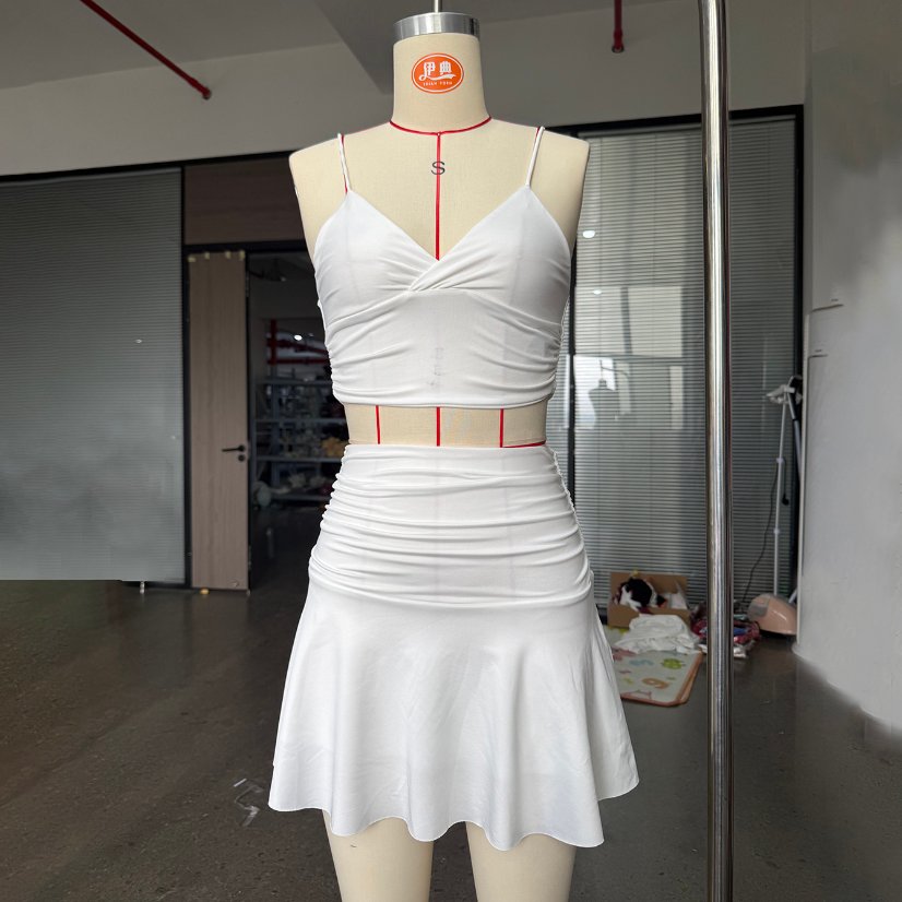 Two-Piece Sets 809 Twist-Front Crop Top and Ruched Skirt Set