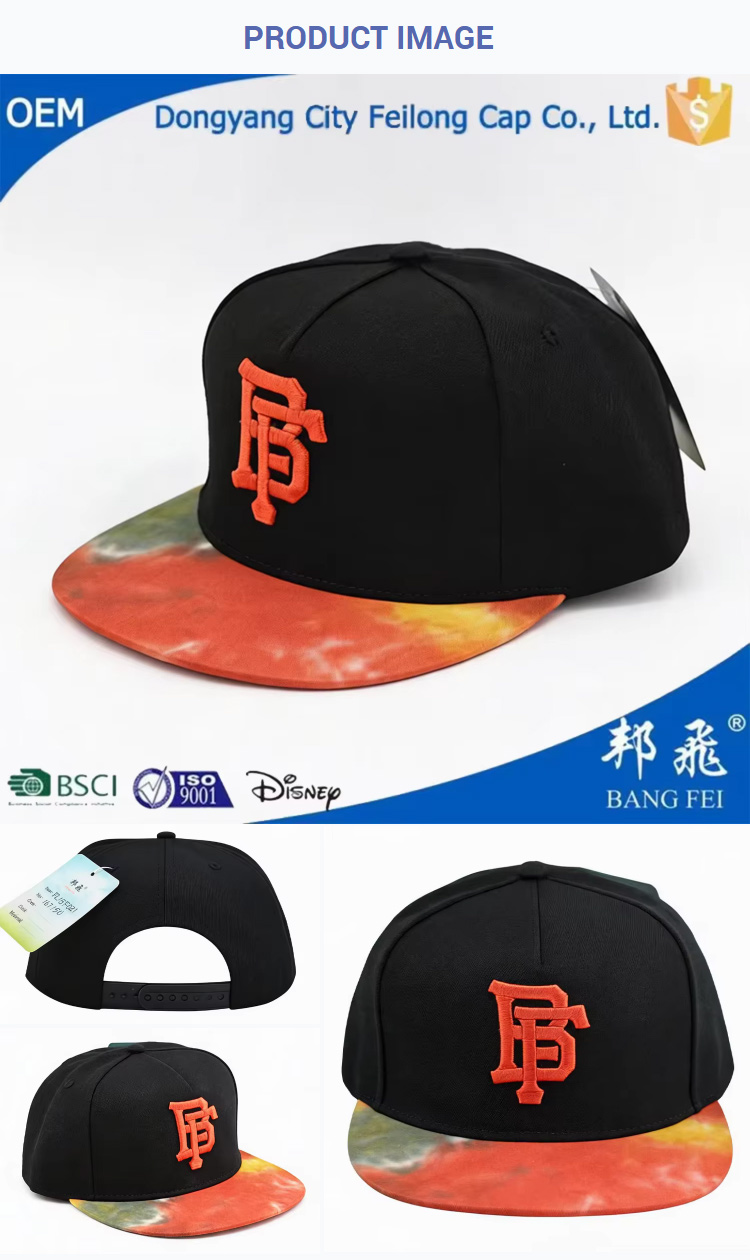 Flat Brim Caps 5 Panel Black 3D Letters Embroidery Snapback Cap Orange Print Flat Brim Hat