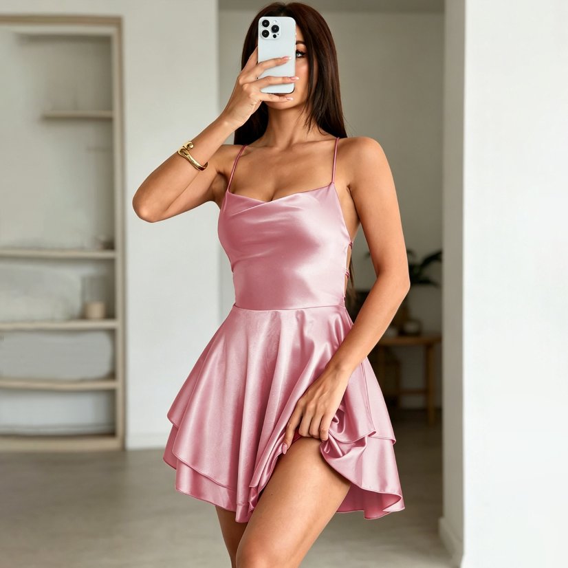 Dresses 201 Satin Camisole Dress with Double-Layer Skirt