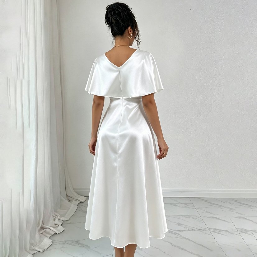 Dresses 6843 Satin Cape-Sleeve Formal Maxi Dress