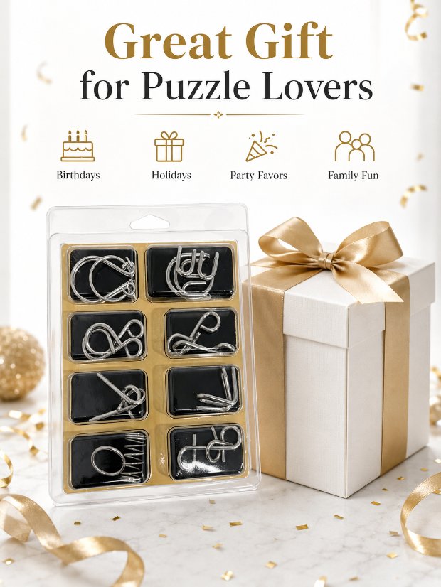 Puzzle Lock 8-Piece Set A of Brain Teaser Metal Puzzles with Blister Pack