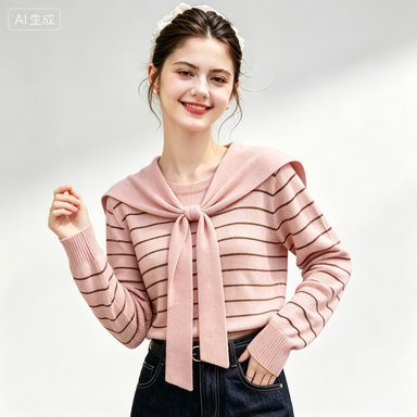 Women's Knitwear Women's French-Style Striped Knit Top with Tie-Shoulder Wrap