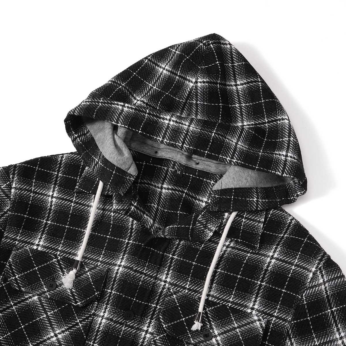 Casual Shirt Textured Plaid Hooded Shirt