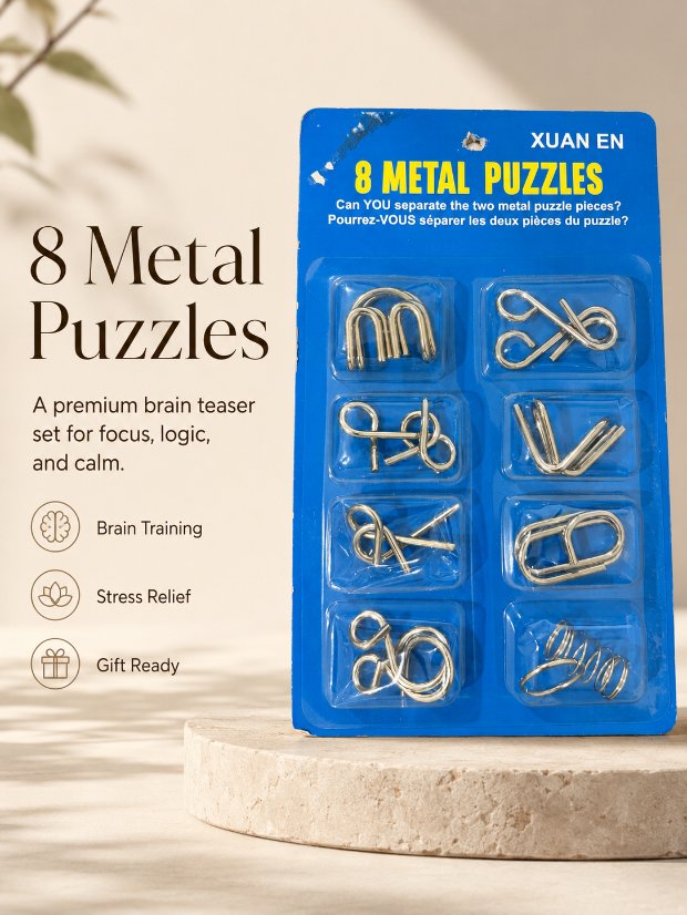 Puzzle Lock 8-Piece Extended Blue Brain Teaser Metal Puzzle Set with Blister Card Packaging