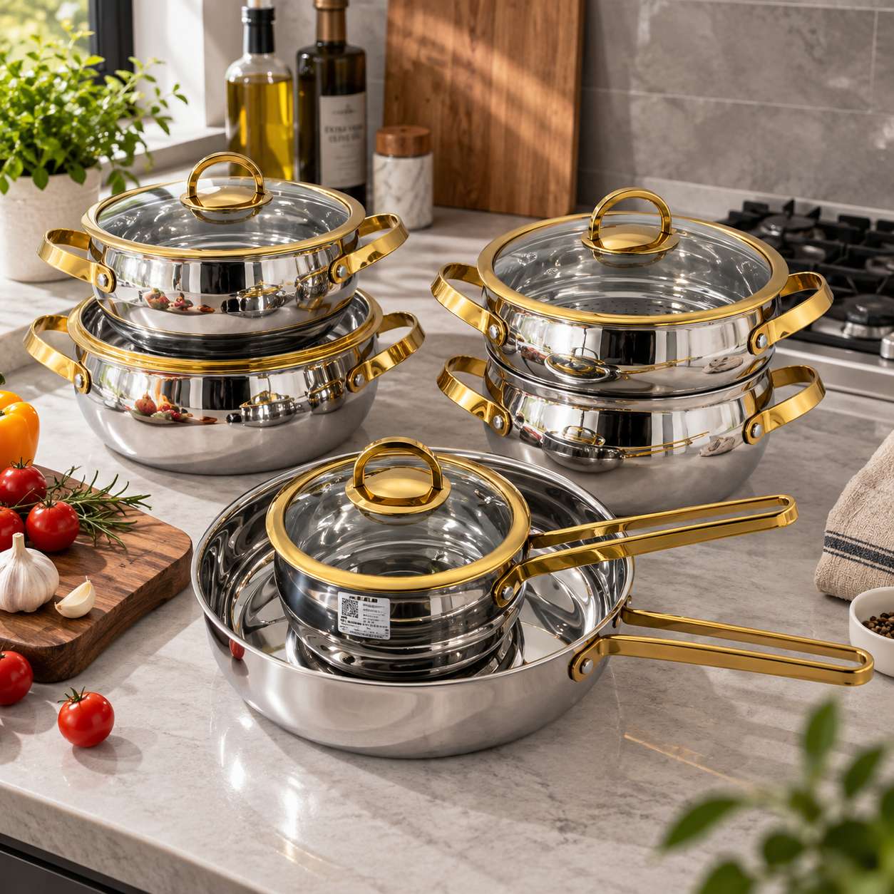 Cookware 3-Ply Steel Drum-Shaped 304 Stainless Steel 10-Piece Cookware Set