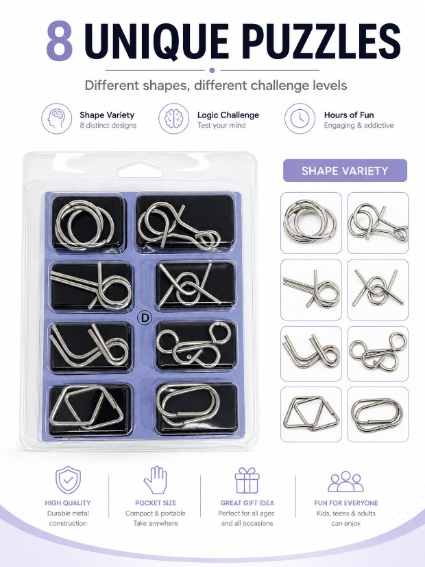 Puzzle Lock 8-Piece Set D of Intellectual Unlocking Puzzle Blister Pack